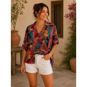 JACOBSONS Abstract Art Print Rayon Button Up Blouse Size Small -3301